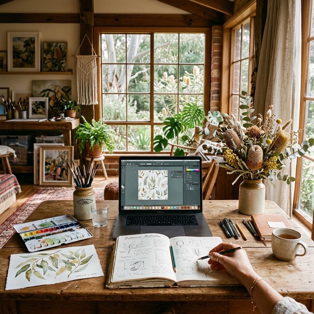 Wildflower design studio with paintings and plants